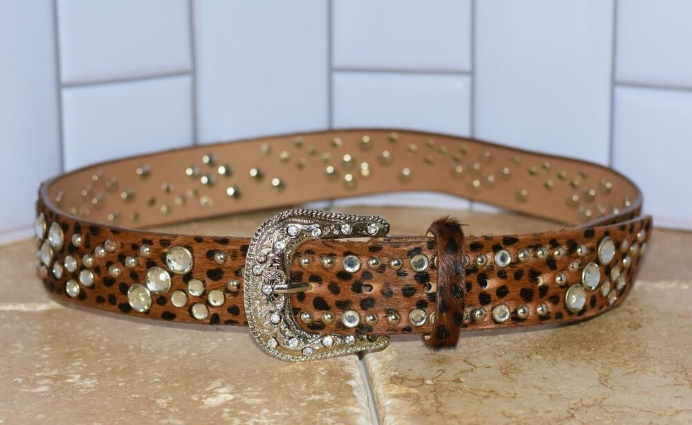 CARA New York Leather Belt Calf Hair Rhinestone Embellishments Western Buckle